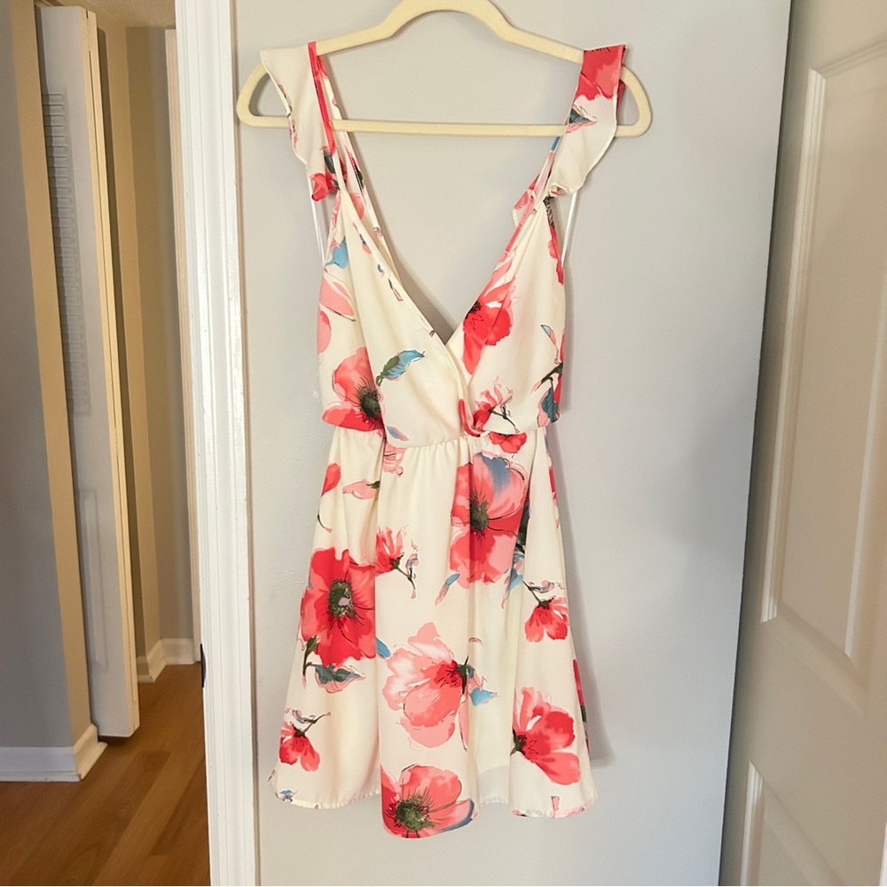 Sage Floral Mini Dress - Ruffle Straps, Open Back, Size small